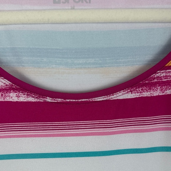 Land's End Sport Vibrant Colorful Pink Orange Teal Striped Short Sleeve Tee M - Picture 6 of 10